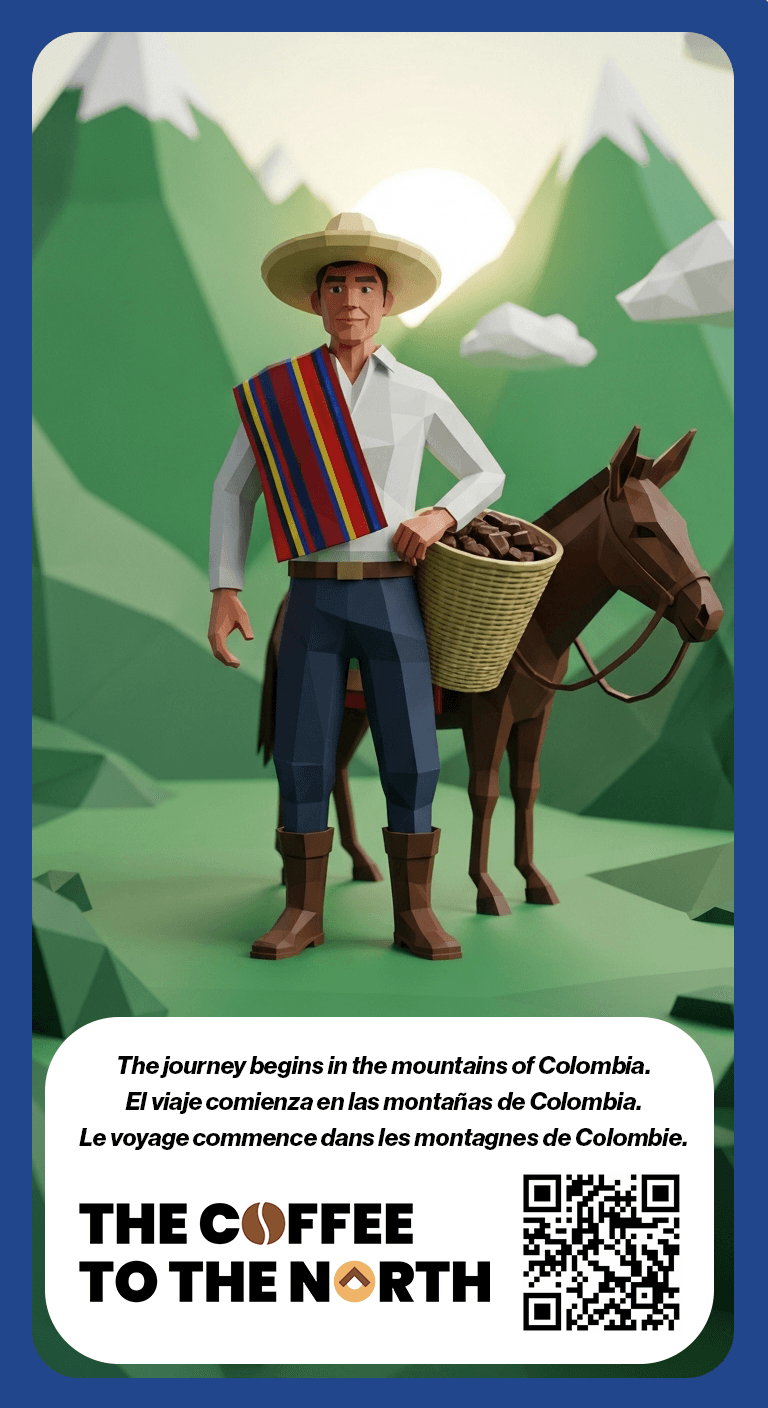 Coffee journey card featuring a Colombian coffee farmer