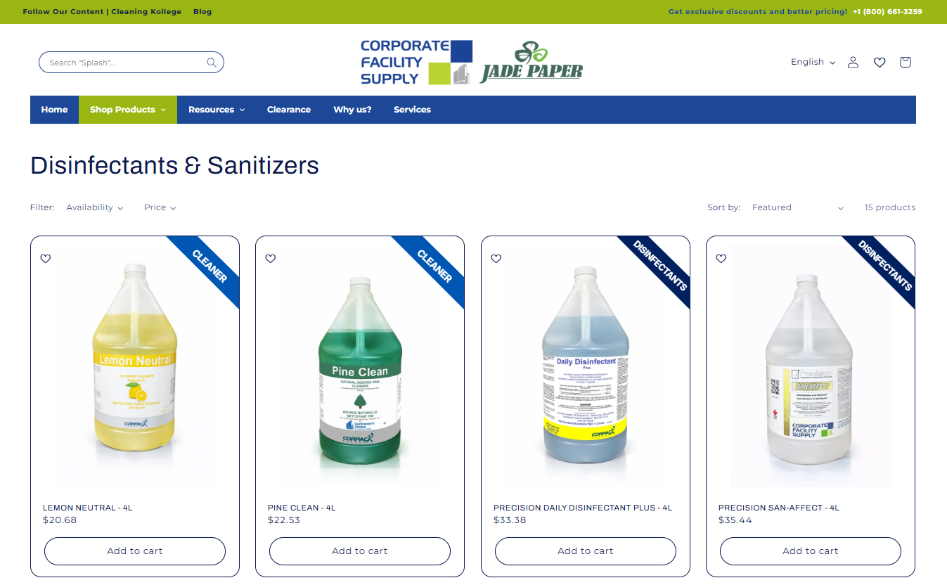 Shopify collection page showing product filters, sorting and commercial product cards.