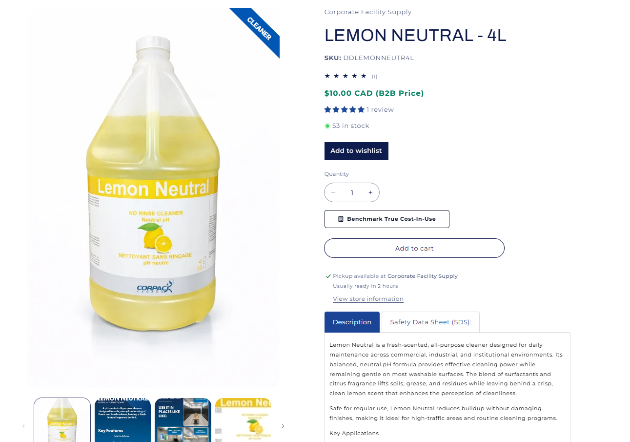 Shopify product detail page showing product photography, add to cart, pickup availability, technical information and customer reviews.